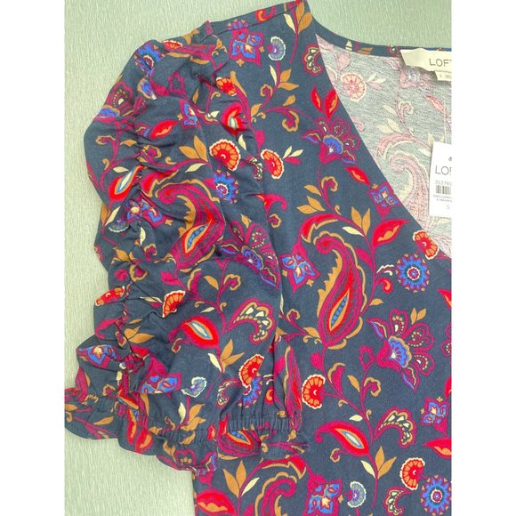 LOFT Women Paisley Ruffle Cinched Sleeve V-Neck Top Small - Picture 11 of 16